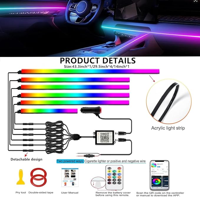 Interior Car LED Strip Lights, Acrylic LED Lights for Car with Dynamic Dreamcolor Chasing, Ambient Lighting Kits Music Sync Wireless APP and Remote Control (6 in 1) 175 inches 593 LEDs - Image 3