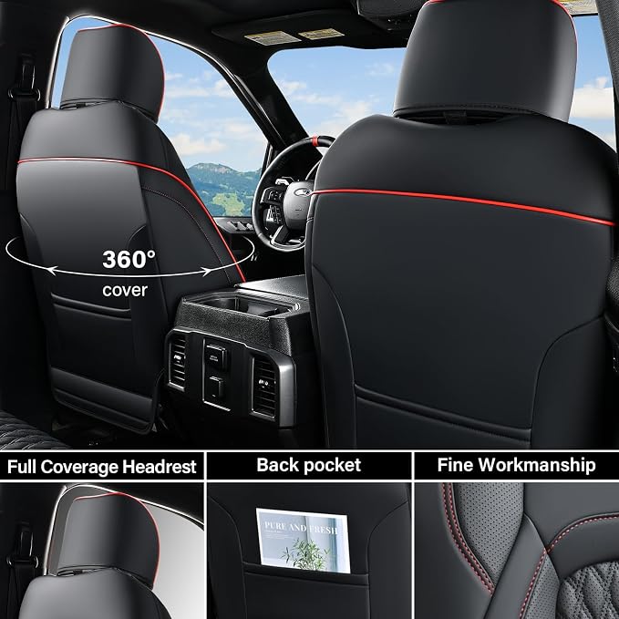 Coverado Chevy Chevrolet Silverado GMC Sierra Seat Covers, Custom Fit for 2007-2026 1500, 2015-2026 2500HD 3500HD Crew Double Extended Cab Truck, Faux Waterproof Leather Seat Covers (Front, Redline) - Image 2