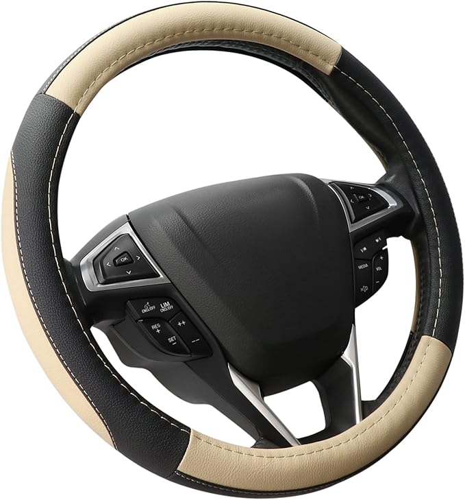SEG Direct Steering Wheel Cover 14.5-15 inch Car Auto Interior Accessories | Universal Medium Standard Size 37-39cm for Car Truck SUV, Microfiber Leather, Anti-Slip Comfortable Grip, Black and Beige by SEGDirect