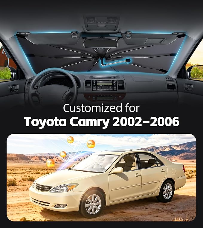 Windshield Sun Shade for Toyota Camry 2002-2006 with 360°Rotating Shaft | Custom Fit Umbrella Sunshade for UV Blocking, Interior Heat Protection, Easy Storage, UPF 50+ Cool Windshield Cover - Image 2