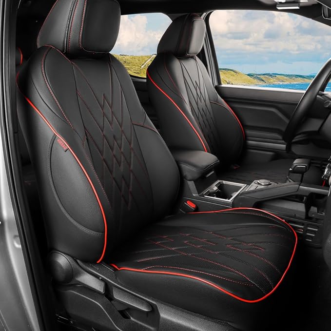 EKR Tacoma Car Seat Covers Custom Fit for Toyota Tacoma (Petrol) 2024 2025 2026 DoubleCab/CrewCab SR/SR5/TRD Sport/TRD Off-Road/Limited -Truck Seat Covers Full Set,Faux Leather(Black with Red Trim) by EKR