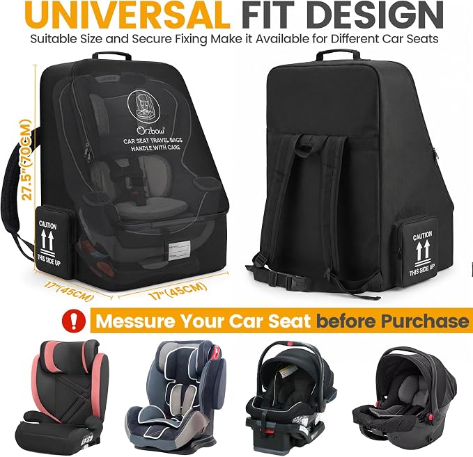 Orzbow Padded Car Seat Travel Bag for Airplane, Carseat Backpack Bag, Black | Universal Fit Carseat & Booster Seat, with Side Pocket, Car Seat Carrier with Shoulder & Waist Strap for Gate Check - Image 4