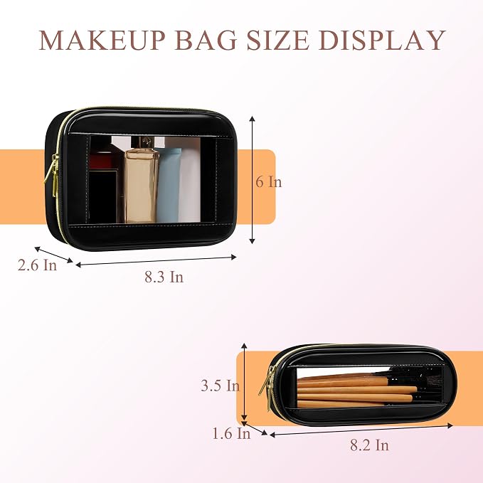 2-Piece Leather Clear Makeup Bag Set, Clear Cosmetic Bag with Zipper, Waterproof Makeup Brush Bag, TSA Approved Toiletry Bag for Travel, Car Organization for Women (Black-2, Slim+Medium) - Image 2