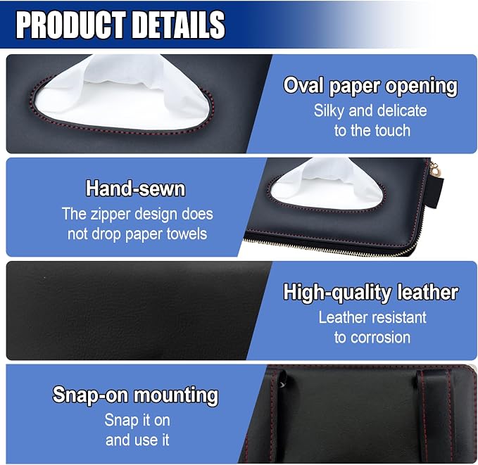 Car Tissue Holder, Leather Car Sun Visor Napkin Box with Tissue Refill, Auto Backseat Paper Carton Mask Dispenser with Zipper, Universal Hanging Vehicle Towel Clip for RV, SUV, Truck (Black) - Image 3