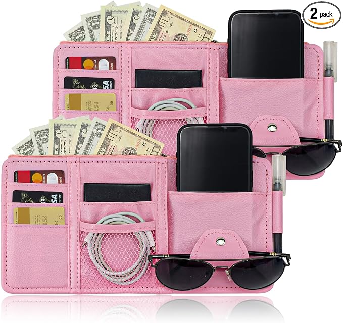 Keedolla 2 Pack Car Sun Visor Pocket Organizer, Auto Interior Accessories Car Truck Visor Organizer Storage Pouch Case Bag for Cards, Pens and Documents - Pink by Keedolla