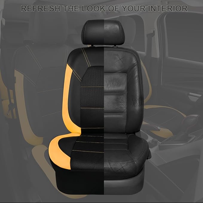 CAR PASS Leather Seat Covers, Breathable Universal Car Seat Cover Full Set for Cute Women Girly,5mm Composite Sponge Inside,Airbag Compatible Fits Most Auto,SUVs,Trucks,Vans(Full Set,Black&Yellow) - Image 6