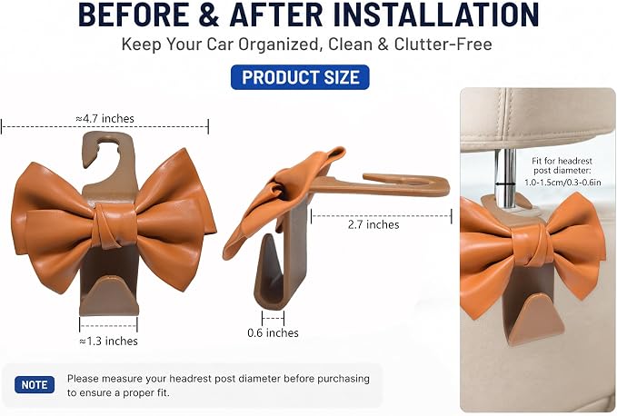 2 Pack Car Purse Hooks, Headrest Hooks for Cars, brown | Car Bag Hanger for Groceries, Coats, Umbrellas and Daily Essentials, Bow-Shaped Car Interior Organizer for Handbags and Bags - Image 4