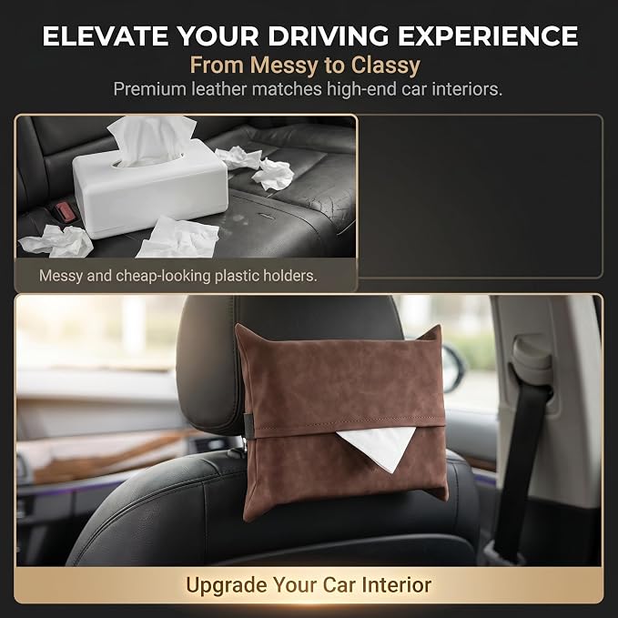1 PC Car Tissue Holder, Soft-Leather Car Napkin Holder for Seat Back Armrest, Easy Access While Driving, Universal for Most Cars, Trucks, SUVs (Brown #1) - Image 2