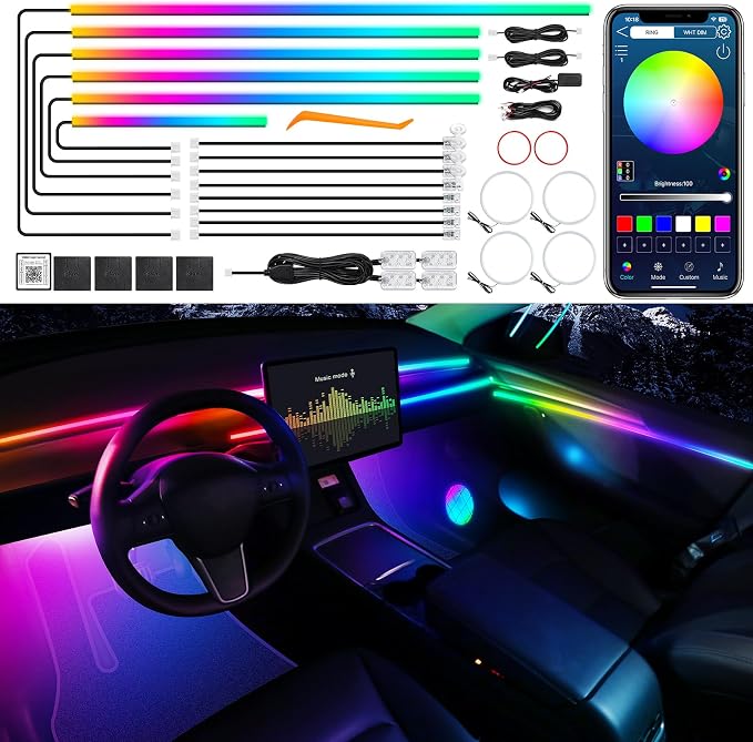 Dreamcolor Acrylic Interior Car LED Strip Light with Wireless APP, RGB 22 in 1 with 175 inches 612 LEDs Fiber Optic Strip Lights for Car, Dual Zone Music Sync Neon Car Ambient Lighting Kits - Image 2