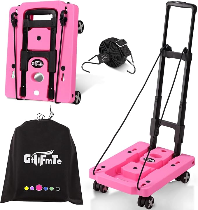 GtIiFmTe Foldable Hand Truck, Lightweight Luggage Cart for Airport Car Seat | Compact Folding dolly with Rotating swivel wheel,storage size12×15.7×4.1",300lbs Load,Upright Lock Handle with 3bungee cords by GtIiFmTe