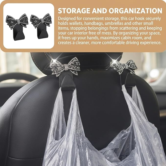 2 PCS Bling Car Seat Headrest Hooks, S-Type Crystal Rhinestone Bow, Universal Seat Back Storage for Purses Bags Groceries, Black Decorative Vehicle Organizer - Image 5