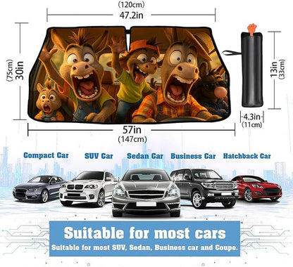 2025 Upgrade Funny Animals Car Windshield Sun Shade Umbrella 5 Layers Nano Coatings Donkey Driving Car Front Window UV Block Sunshade Cover for Most Cars SUV Universal Size 57"x30" - Image 2
