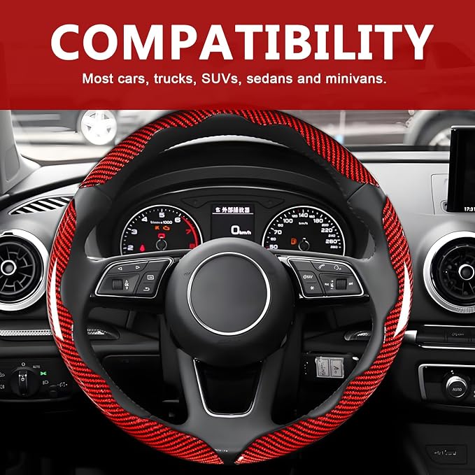 3pcs Universal Carbon Fiber Steering Wheel Cover - Anti-Slip & Segmented Design, Universal 99% Durable Steering Wheel Protector for Men and Women, Car Interior Accessory (Red) - Image 7