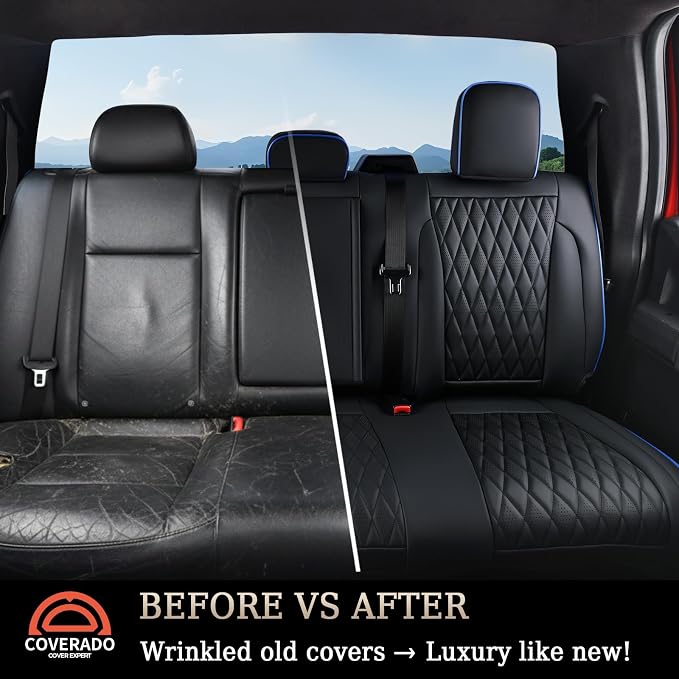Coverado Leather Rear Seat Covers Fit for Ford F150 F250 F350 F450, Waterproof Ford Truck Rear Seat Covers Fit for 2015-2026 F150 & 2017-2026 F250 F350 F450 (Blueline) - Image 3