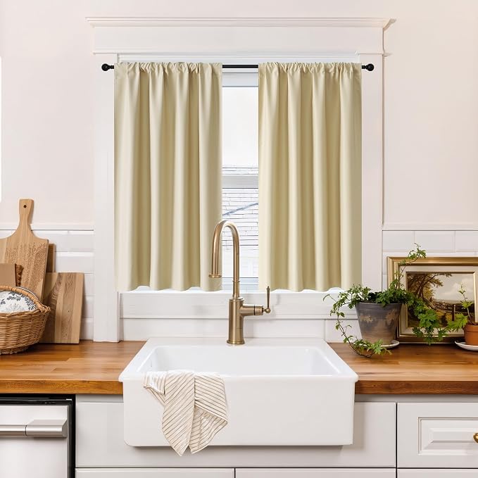 RYB HOME 100% Blackout Short Curtains for Small Window, Thermal Insulated | Total Room Darkening, Noise Reducing, Curtains for Basement Bathroom RV Cars, W29 x L45, Biscotti Beige, 2 Panels by RYBHOME