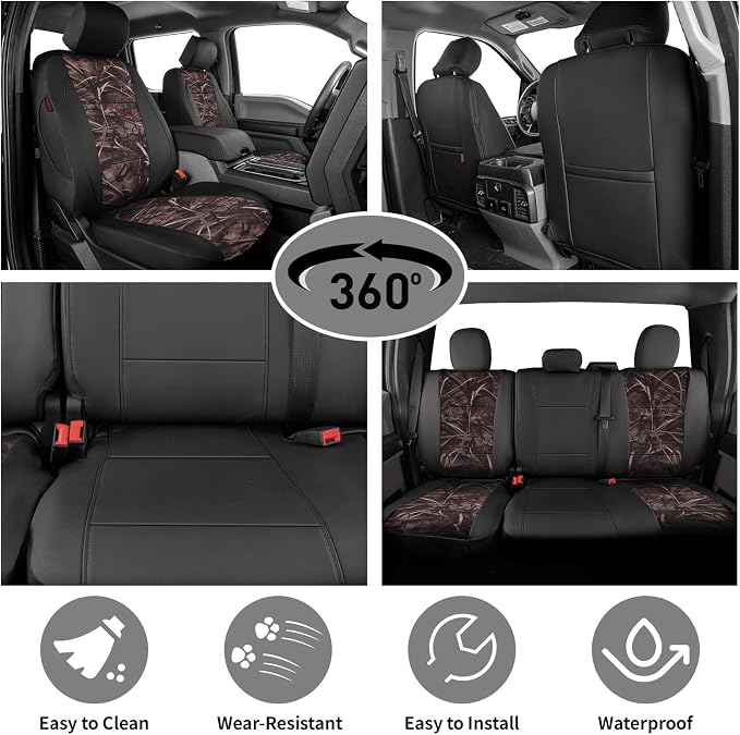 EKR F150 Seat Covers Custom Fit for (2 Door,SuperCab) 2015-2020 Ford F150 XL/XLT/Lariat & 2017-2022 F250/F350 SuperDuty XL/XLT/Lariat Full Set-Faux Leather(Black/Reed Camo) - Image 2