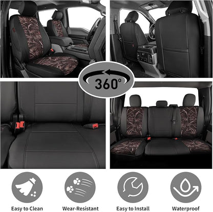 EKR F150 Seat Covers for (4 Door,SuperCrew) 2015-2020 Ford F150 & (CrewCab) 2017-2022 F250/F350/F450 SuperDuty Limited/King Ranch/Lariat/Platinum Full Set,Faux Leather(Black/Reed Camo) - Image 2