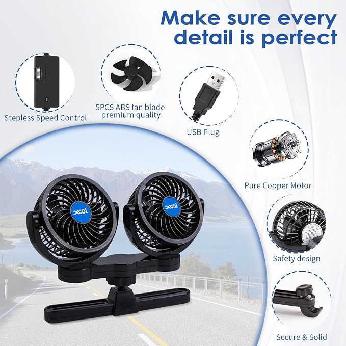 XOOL USB Dual Head Backseat Car Fan – 360° Rotatable Rear Seat Air Circulator with Stepless Speed & Adjustable Clip for Kids in SUV, Truck, RV - Image 6