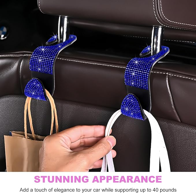 4 PCS Bling Car Seat Headrest Hooks, Rhinestone Vehicle Backseat Storage Hanger Backpack Hook, Sparkly Multi-Functional Headrest Purse Holder for Car Truck SUV RV (Blue) - Image 5