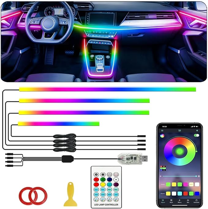Interior Car LED Strip Lights, Acrylic LED Lights for Car with Dynamic Dreamcolor Chasing, Ambient Lighting Kits Music Sync Wireless APP and Remote Control (4 in 1) by Sxlofty