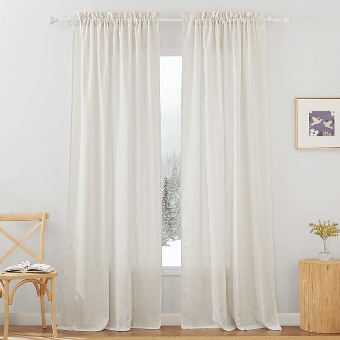 RYB HOME Semi Sheer Curtains 95 inches Long for Living Room | Extra 66 inches Width, Light Filtering, for Farmhouse Home Office Bedroom, Rod Pocket, Linen, W66 x L95, 2 Panels by RYBHOME