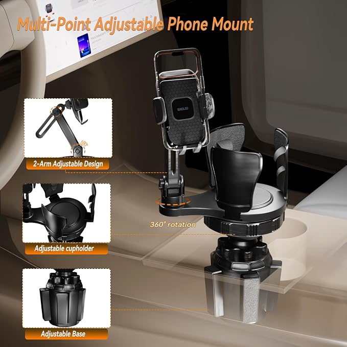 EXELIQ 2-in-1 Cup Holder Expander with Phone Mount, Adjustable Cup Holder | Fits Large Bottles, Tumblers & Fast Food Drinks, 360° Rotating Phone Mount for 4.7–7" Smartphones, Universal Car Use - Image 3