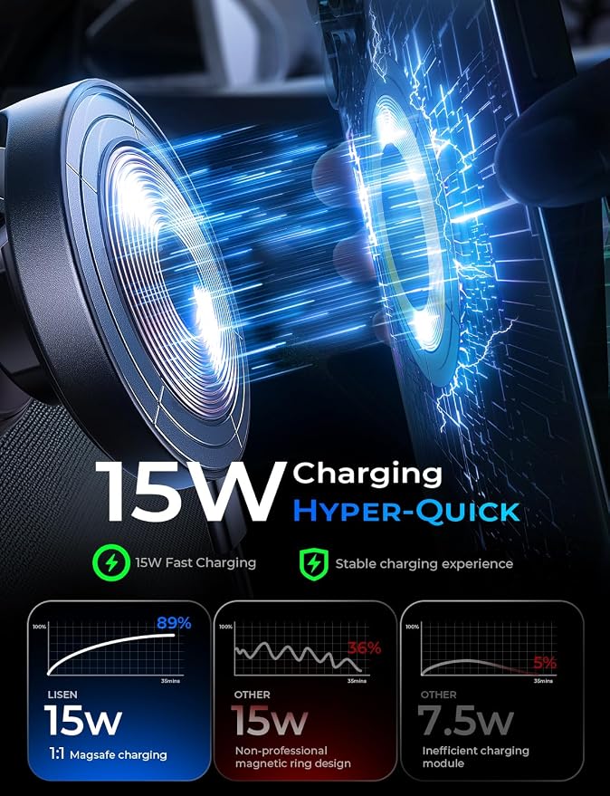 LISEN for 15W Magsafe Car Mount Charger, [Carbon Fiber] 360° Magnetic Wireless Car Charger, Suction Car Phone Mount for Car Accessories for Men, Car Phone Holder for iPhone 17 Pro Max 16 15 14 13 12 - Image 4