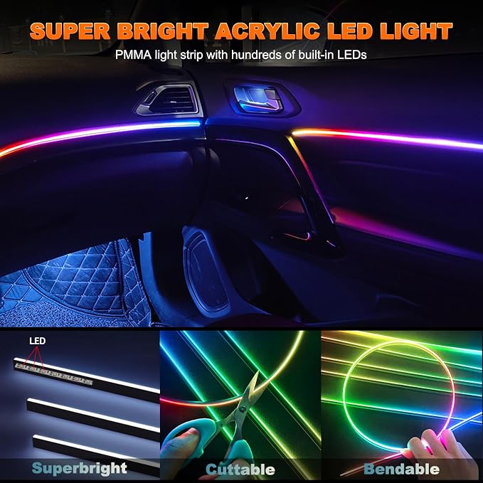 Jushope Interior Car LED Strip Lights, Acrylic LED Lights for Car with Dynamic Dreamcolor Chasing, Ambient Lighting Kits Music Sync Wireless APP and RF Remote Control (10 in 1) - Image 3