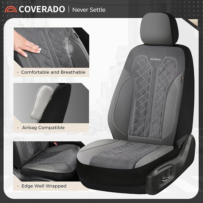 Coverado Car Seat Covers 2-Pack, Luxury Front Seat Covers, Automotive Car Seat Protectors, Gray Driver Seat Covers Universal Fit for SUVs, Trucks, Sedans - Image 2