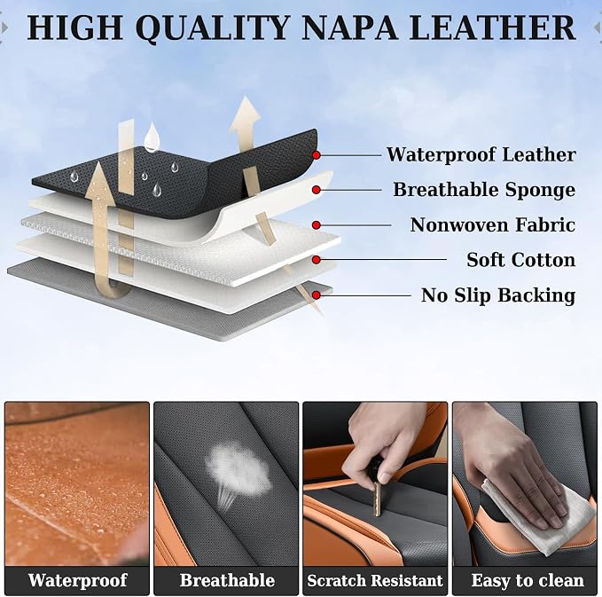 Coverado Universal Seat Covers Full Set, 5 Seats Universal Seat Covers for Cars, Waterproof Nappa Leather Car Seat Covers with Head Pillow, Auto Protectors Fit for Most SUV Pick-up Truck-Black&Brown - Image 7