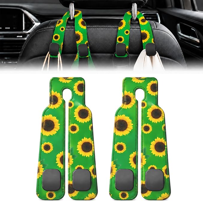 2 Pack Sunflower Car Headrest Hooks for Purses Bag Seat Back Hanger | Sunflower Car Accessories Metal Hook, Floral Gifts for Women, PU Leather Double Hook for Backseat Organizer by Z-synka