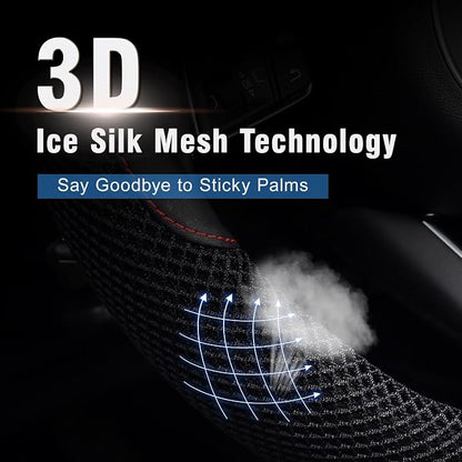 KAFEEK Steering Wheel Cover, Cooling Ice Silk Leather, 15 Inch, Black | Breathable Mesh, Anti-Slip Car Grip, Heat Resistant for Summer, Sweat Proof Comfort - Image 3