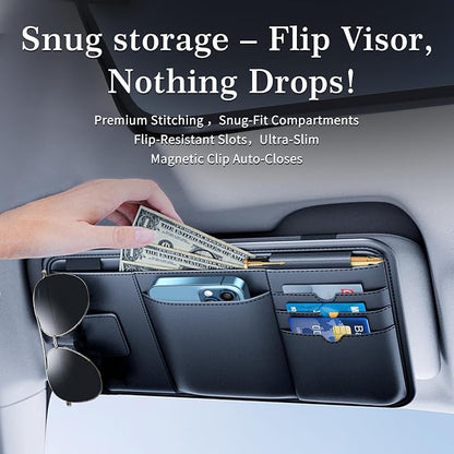 Car Visor Organizer, Premium Leather Sunglasses & Card Holder for Cars, Registration/Insurance Slot, Credit Card Pockets, Automotive Interior Organizer for Car Sun Visor (Black Leather) - Image 2