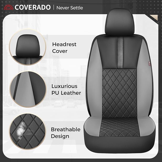 Coverado Car Seat Covers Front Pair, Automotive Leather Seat Covers for Car，Universal Fit Front Back Seat Cover, Non-Slip Waterproof Breathable Car Seat Protector - Image 3