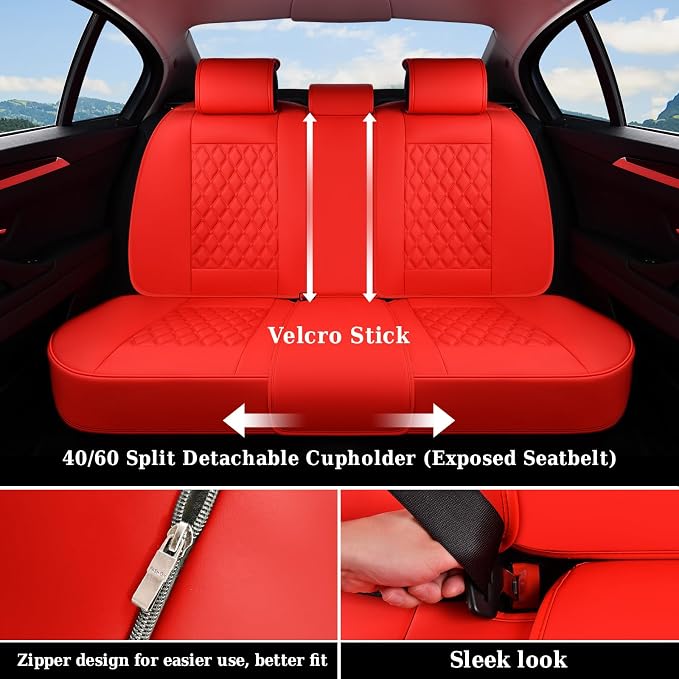 Coverado Full Set Car Seat Covers, 5-Seat Universal Faux Leather Waterproof Seat Covers, Front & Back Car Seat Protectors, Red Leather Seat Covers Fit for Most Vehicles-Red - Image 3