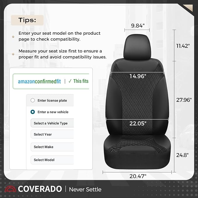 Coverado Front Seat Covers, Black Leather Car Seat Covers 2-Pack, Waterproof Car Seat Protectors, Automotive Seat Covers, Driver Seat Covers Universal Car Seat Cushions Fit for Most Sedan, SUV, Truck - Image 4