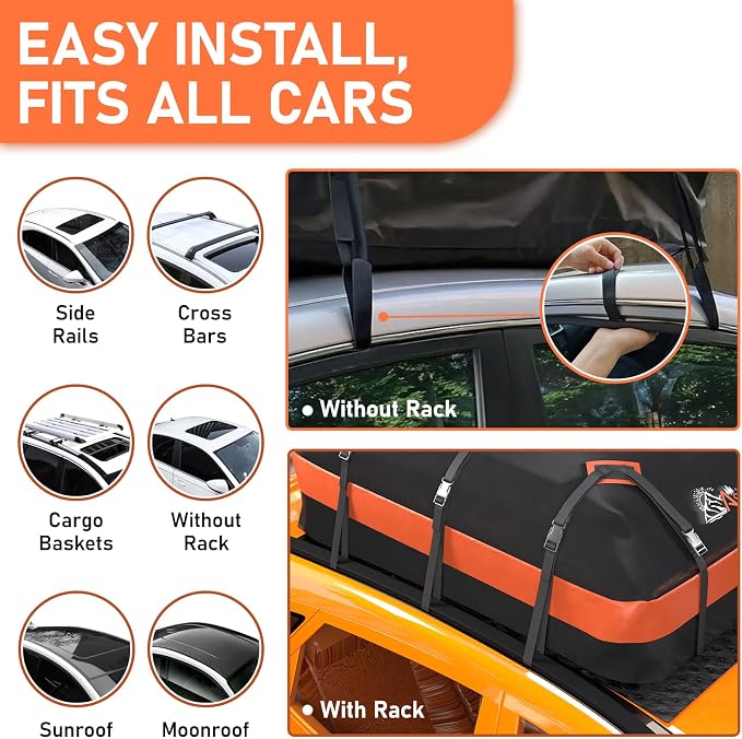 Car Rooftop Cargo Carrier Bag 21 Cubic feet Waterproof Car Roof Top Bag for All Cars with/Without Rack, Includes Anti-Slip Mat, 10 Reinforced Straps, 6 Door Hooks, Luggage Lock - Image 3