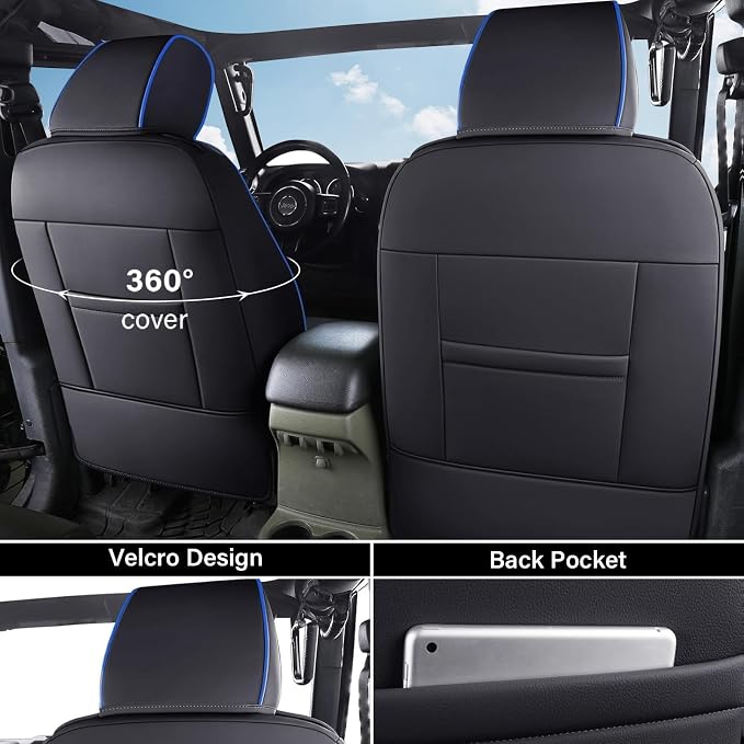 Coverado Seat Covers 4-Door Fullset for Jeep Wrangler JK, Waterproof Blue Car Seat Covers for Truck Automotive Seat Covers Custom Fit for 2007-2017 Jeep Wrangler（Blue） - Image 3