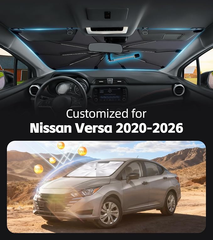 Windshield Sun Shade for Nissan Versa 2020-2026 with 360° Rotating Shaft | Custom Fit Umbrella Sunshade for UV Blocking, Interior Heat Protection, Easy Storage, UPF 50+ Cool Windshield Cover - Image 2