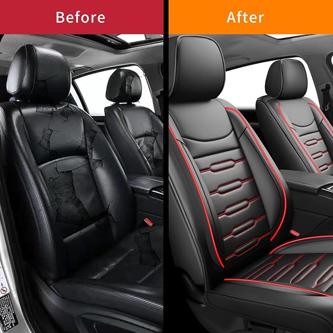 Fit Ariya Car Seat Covers for Nissan Ariya 2023 2024 2025 2026-Upgraded Premium Waterproof & Breathable Leather,Airbag Compatible,All-Weather Seat Cushion Protector (2 Front/Black+Red) - Image 3