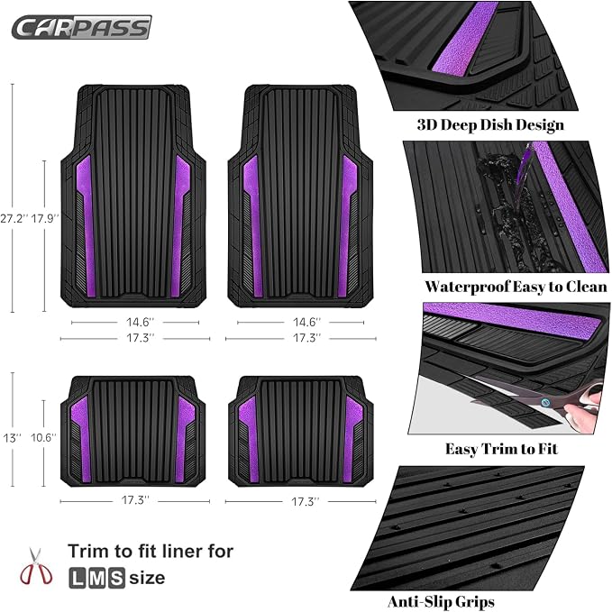 CAR PASS Heavy Duty Rubber Car Mats Metallic,Aluminum Film All Weather Floor Mats Waterproof Universal Trim to Fit SUVs Sedans Vans 4 Piece Anodized Deep Dish Two-Tone Sporty Black Purple Chrome - Image 4