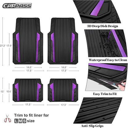 CAR PASS Heavy Duty Rubber Car Mats Metallic,Aluminum Film All Weather Floor Mats Waterproof Universal Trim to Fit SUVs Sedans Vans 4 Piece Anodized Deep Dish Two-Tone Sporty Black Purple Chrome - Image 4