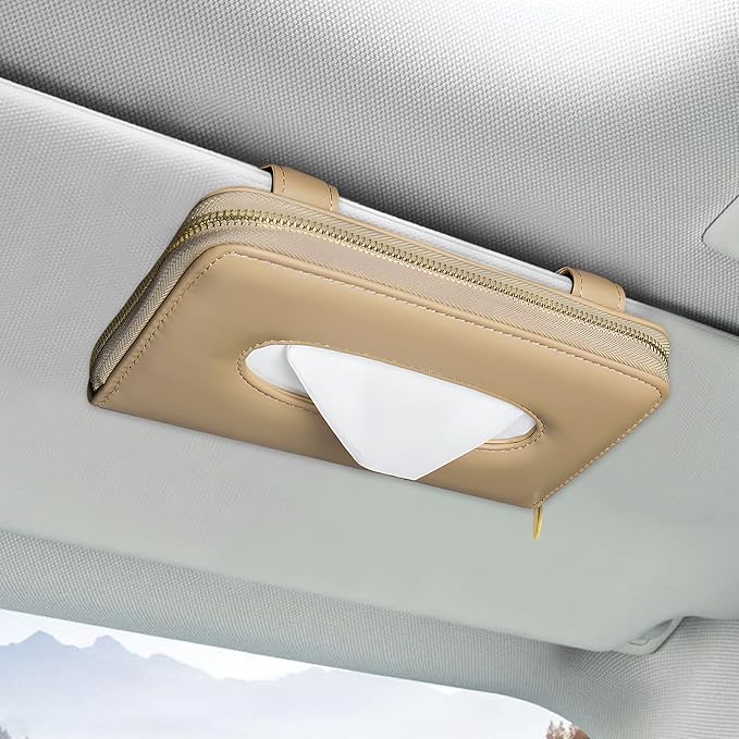 Car Tissue Box, Leather Auto Sun Visor Napkin Case Tissue Case Holder with Zipper, Sunvisor Paper Towel Storage Box Napkin Organizer for Most Vehicles, Car Accessories (Beige) - Image 6