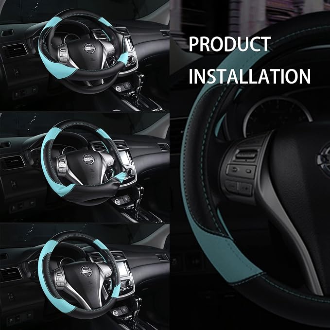 Leather Car Steering Wheel Cover, Universal Fit for Most Cars, Light Blue | Microfiber Leather,Non-Slip Breathable Auto Steering Wheel Protector - Image 6