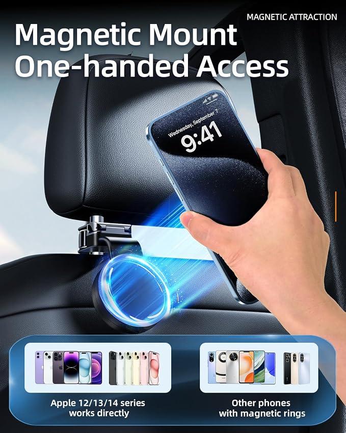 1 Pack Headrest Hook for Car Seat Back with Magnetic Phone Holder, Multifunctional Car Seat Hooks for Purses and Bags Handbag Grocery Bag, Purse Hanger Car Organizers and Storage Accessories - Image 4