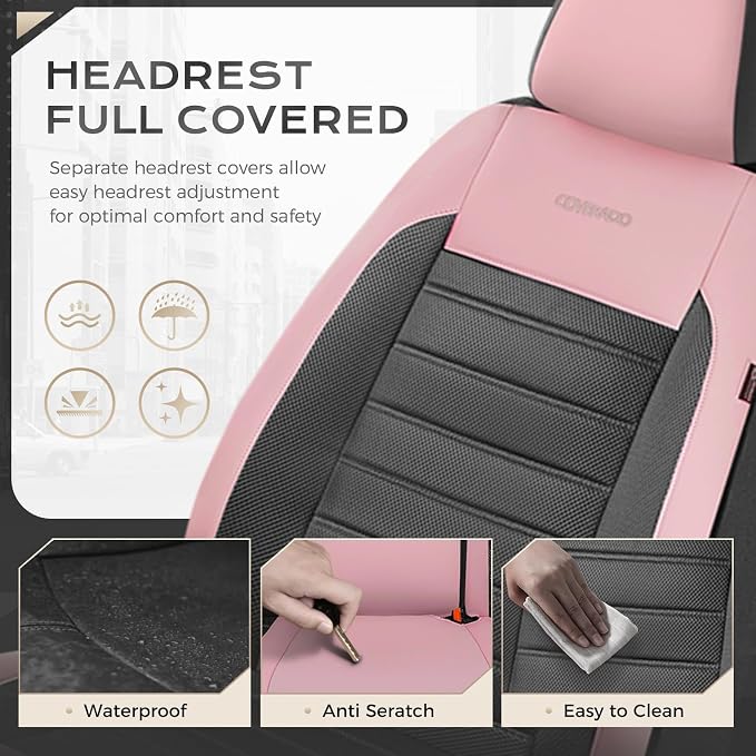 Coverado Car Seat Covers Full Set, Luxury Leather Car Seat Covers, Automotive Front and Rear Mesh Seat Covers, Full Set 5 Seats, Pink Black Seat Covers for SUV Sedan Truck - Image 5