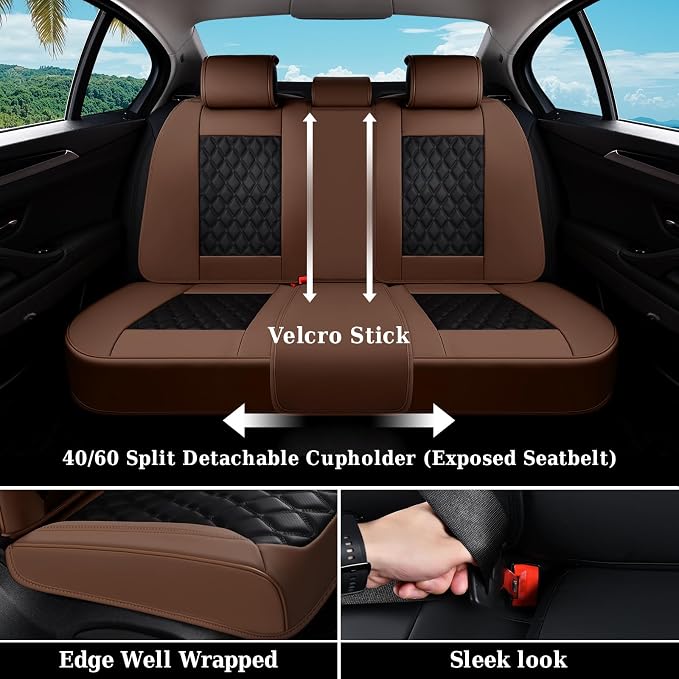 Coverado Universal Car Seat Covers Full Set, Premium Breathable Waterproof Faux Leather Front & Rear Seat Protectors, Luxury Automotive Interior for Sedans SUVs Trucks – CoffeeBlack - Image 3