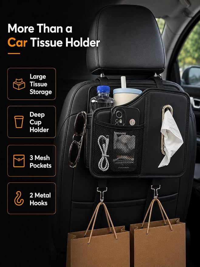 Car Tissue Holder, Leather Back Seat Organizer with Cup Holder & 2 Hooks | | Fits 100-160 Count Tissue Boxes, Keeps Drinks & Small Items Within Reach,3 Storage Pockets, Secure Headrest Mount - Image 2