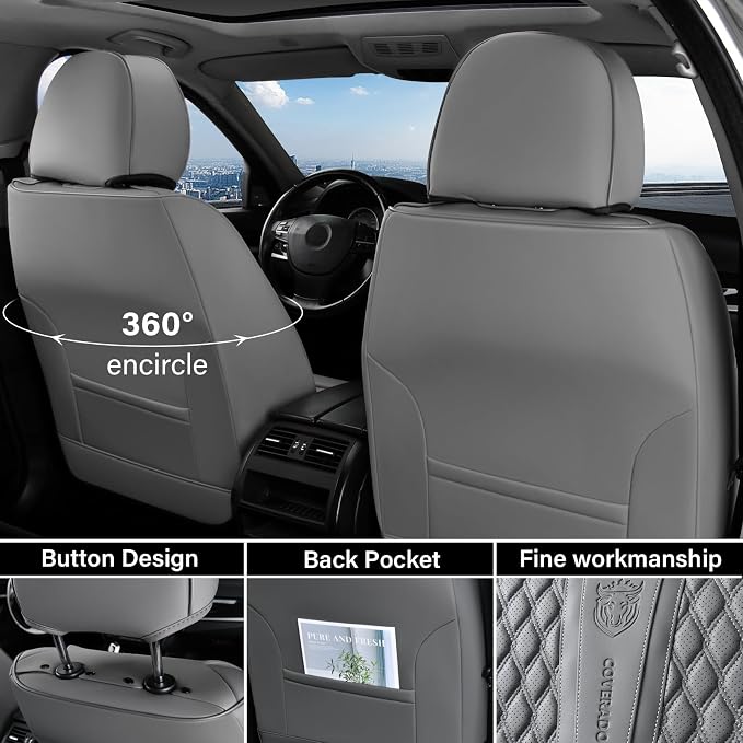Coverado Car Seat Covers Full Set, Nappa Leather Seat Covers for Car, Waterproof Car Seat Protector with Lumbar Support, Automotive Seat Covers Universal Fit for Most Cars SUV Trucks (Gray) - Image 4