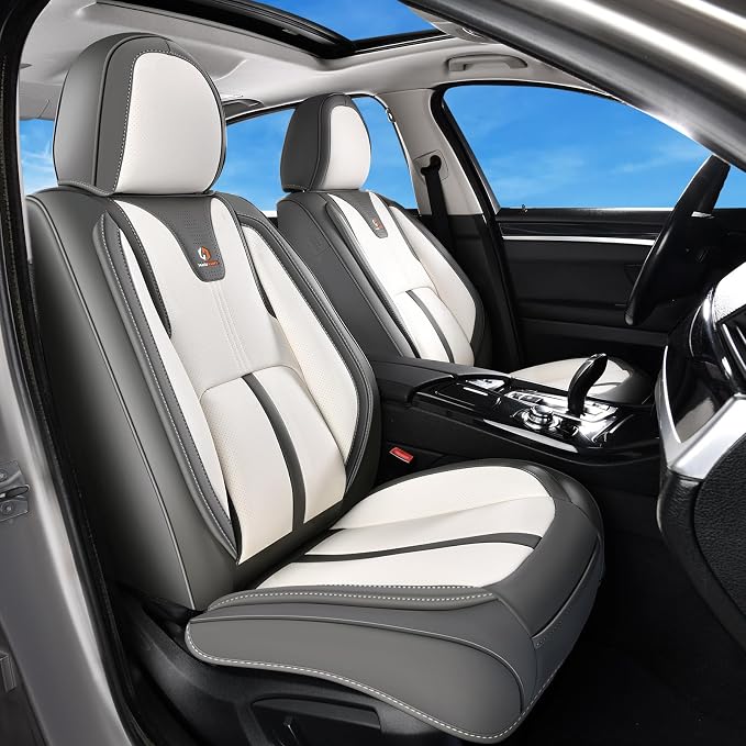 Huidasource Front Car Seat Covers Luxury Nappa Leather, Car Seat Covers Front Seats with Airbag, Front Storage Pocket, Lumbar Support Cooling＆Heating Universal Fit for Most Cars SUV Trucks, Gray&White by Huidasource
